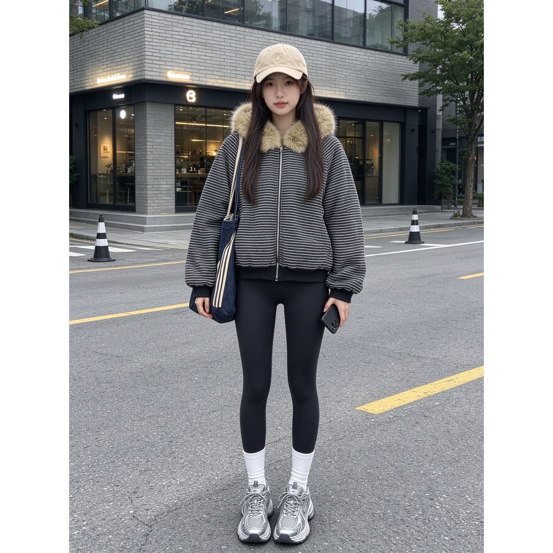 慵懒风条纹大毛领短外套连帽拉链款显瘦休闲百搭保暖冬季棉衣女