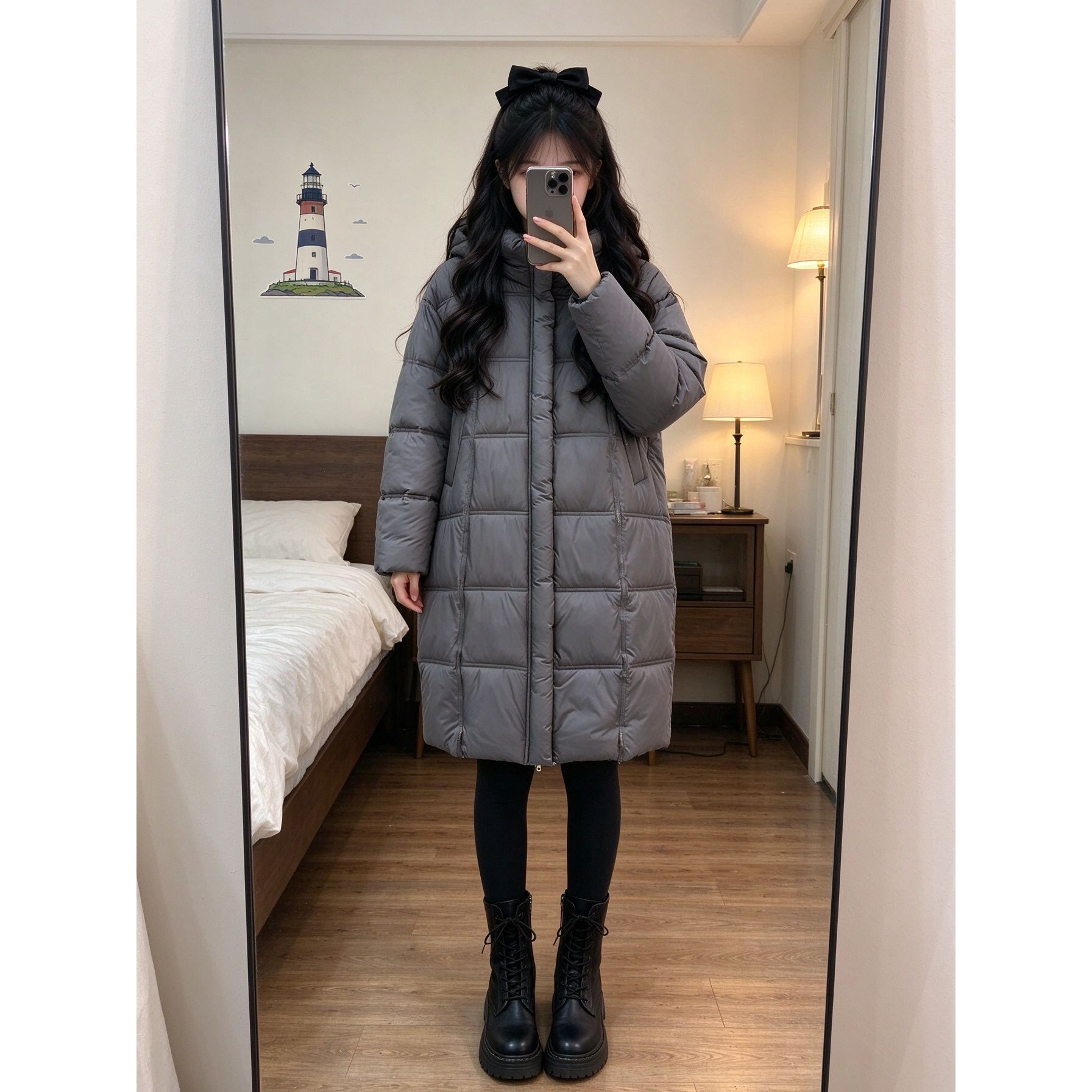 韩版宽松长款棉衣女方格绗缝连帽小个子休闲百搭过冬加厚棉服大衣