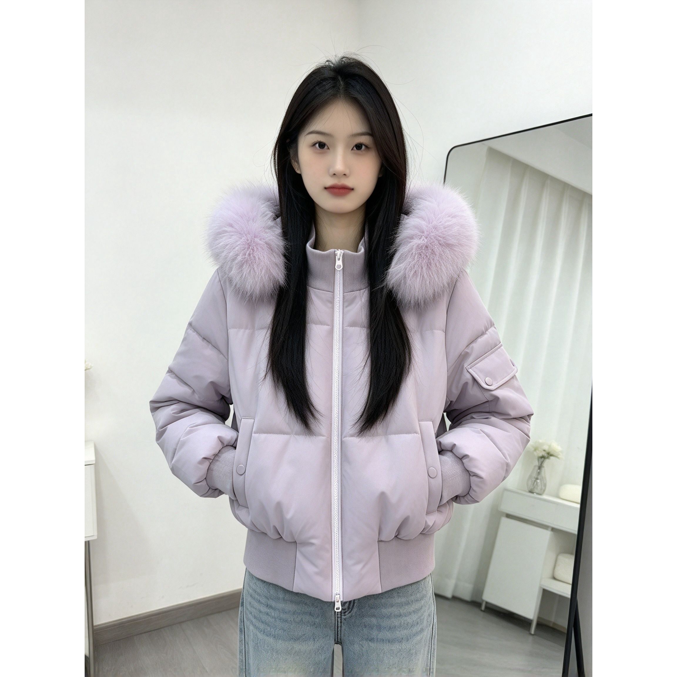 高腰短款大毛领棉服女小个子连帽韩系宽松冬季显瘦加厚面包外套