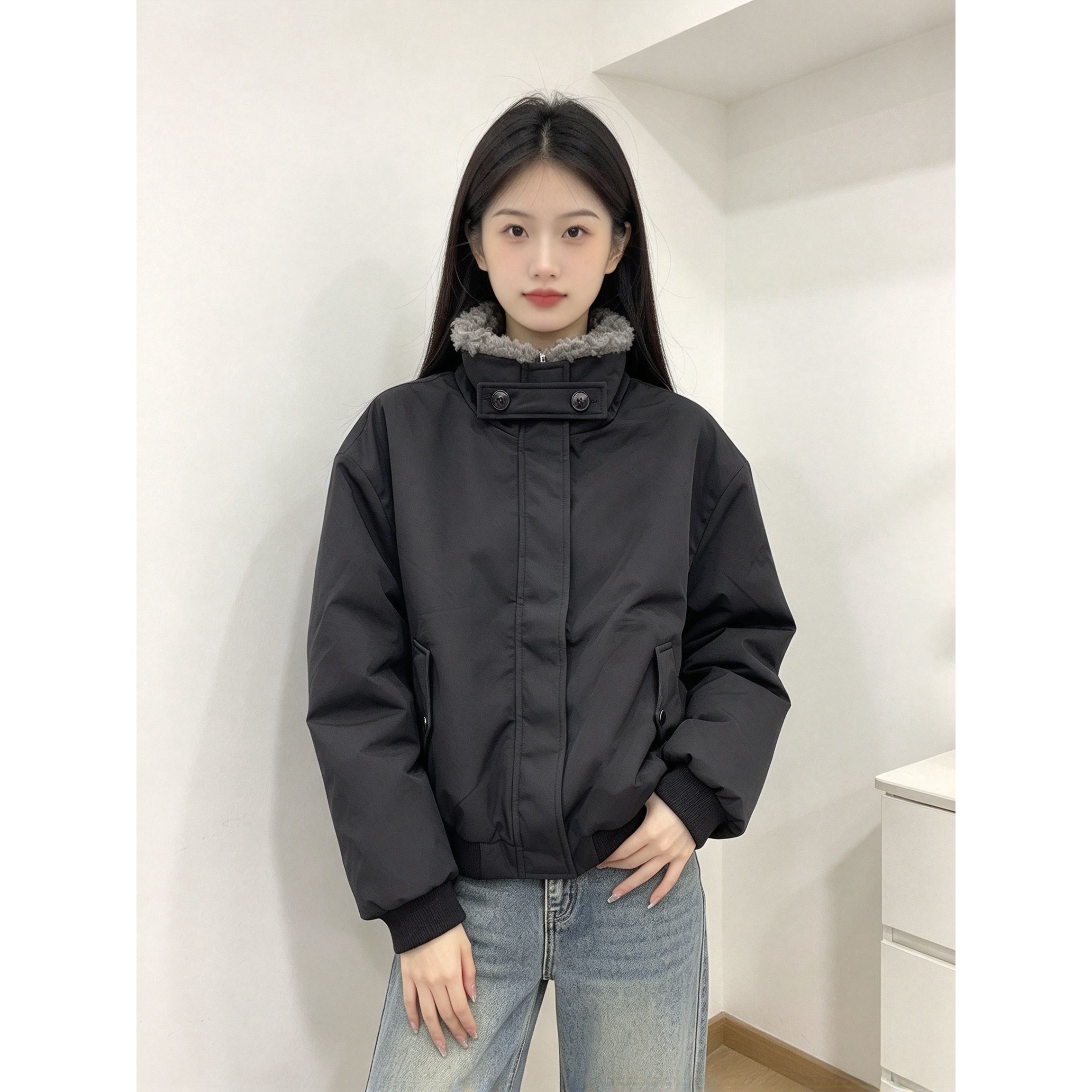 两面穿羊羔毛棉服女短款韩系立领加厚保暖小个子冬季百搭外套