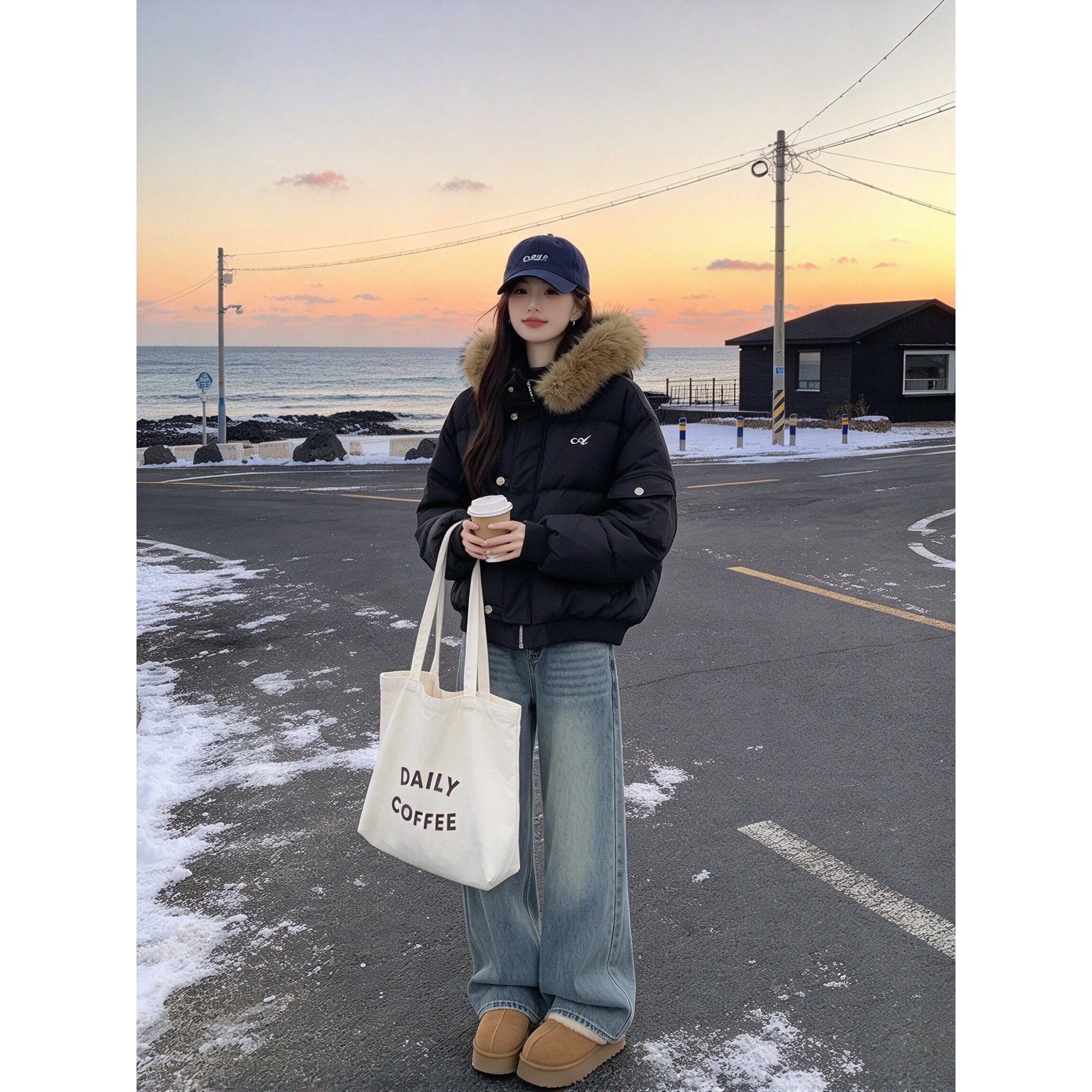 短款大毛领棉服女 韩系连帽小个子宽松加厚保暖面包服冬