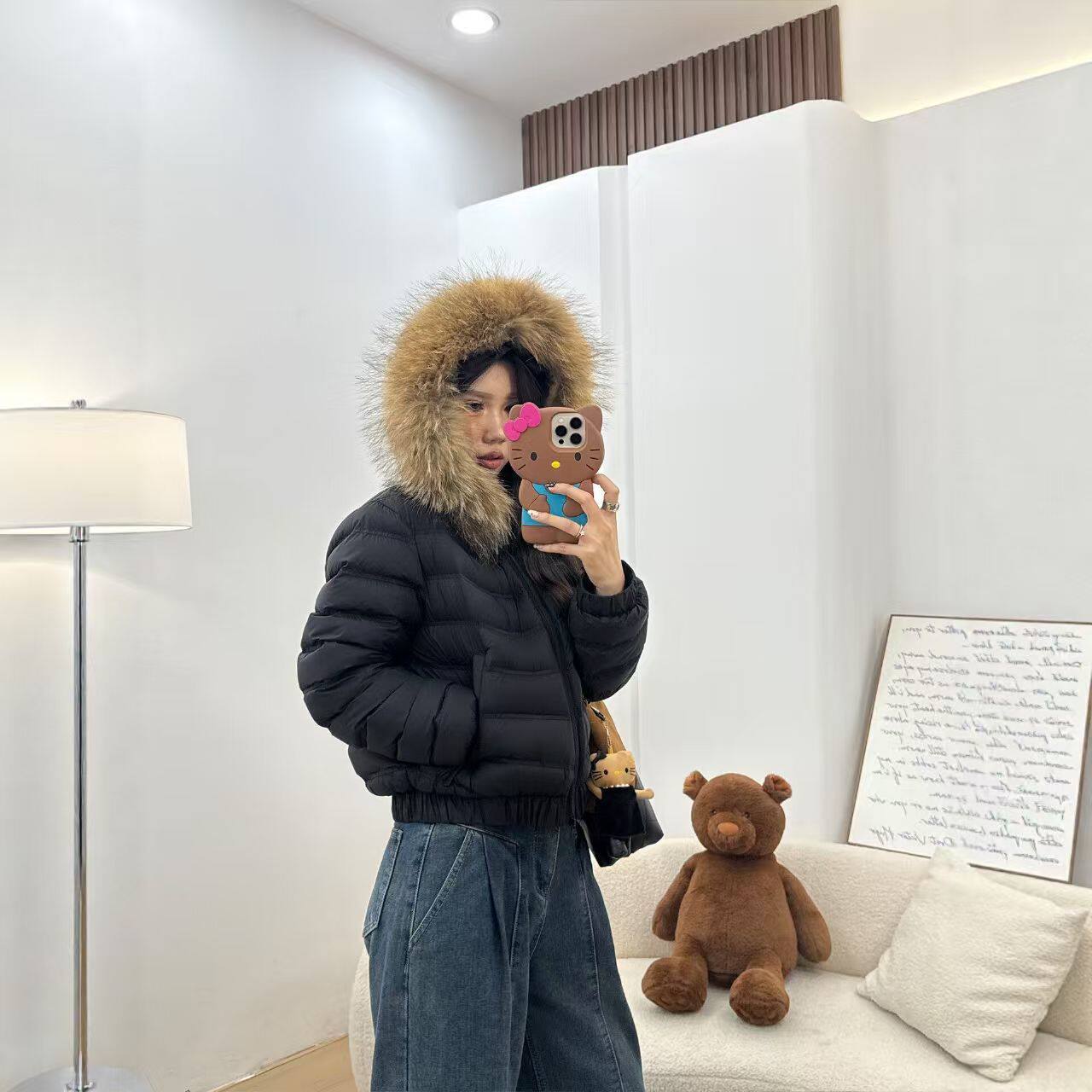 短款大毛领连帽棉服女韩系修身小个子收腰显瘦休闲加厚冬季外套