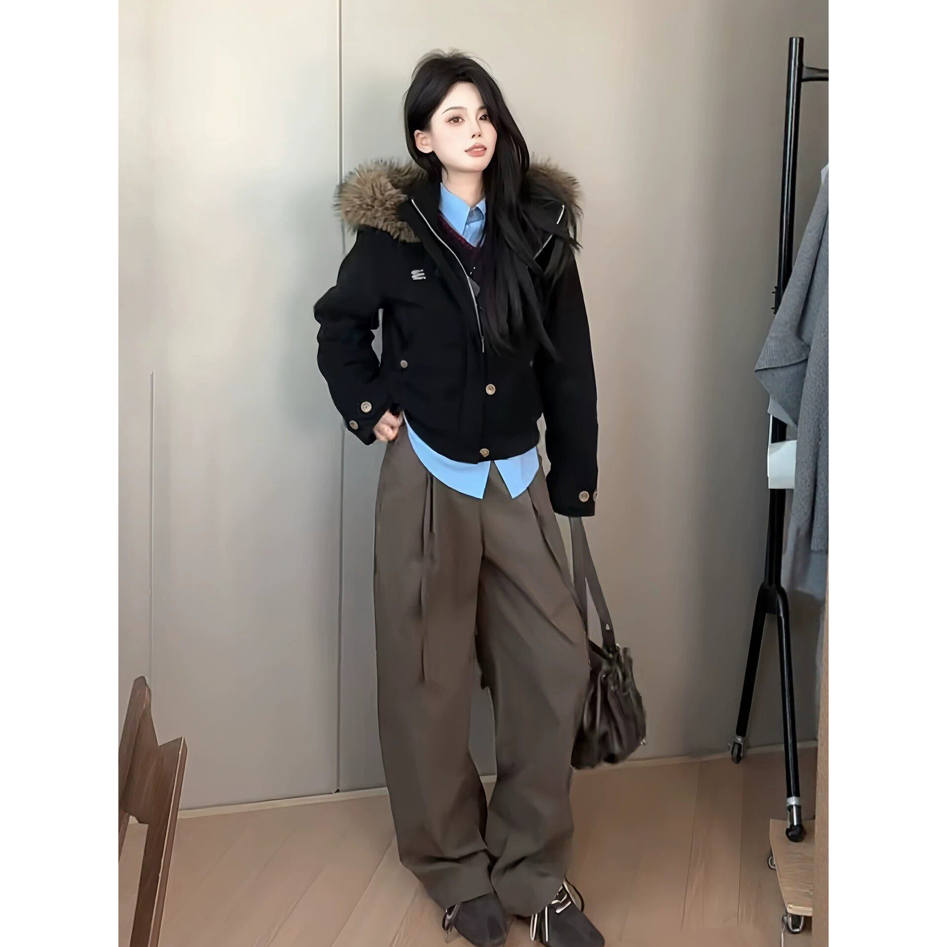 麂皮质感大毛领棉服女短款连帽复古派克通勤休闲百搭冬季外套
