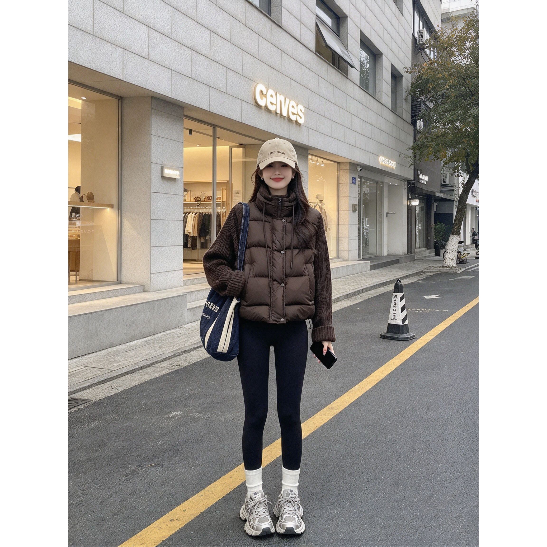 休闲风拼接毛衣袖棉服女立领抽绳宽松不臃肿韩系秋冬休闲百搭外衣