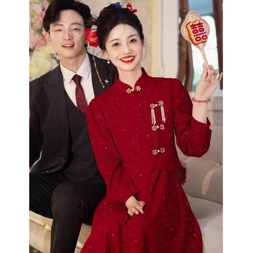 大码新中式敬酒服新娘回门连衣裙