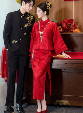 大码敬酒服新娘新中式订婚礼服套装红色嫁衣女结婚旗袍高级感婚服