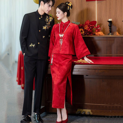 大码敬酒服新娘新中式订婚礼服套装红色嫁衣女结婚旗袍高级感婚服