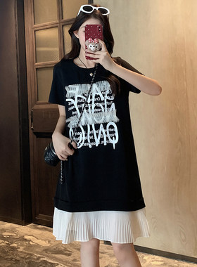 大码胖mm字母印花拼接短袖连衣裙宽松慵懒t恤裙夏季女装遮肉短裙