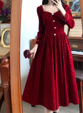 秋冬法式方领丝绒订婚服敬酒服女大码回门礼服平时可穿红色连衣裙