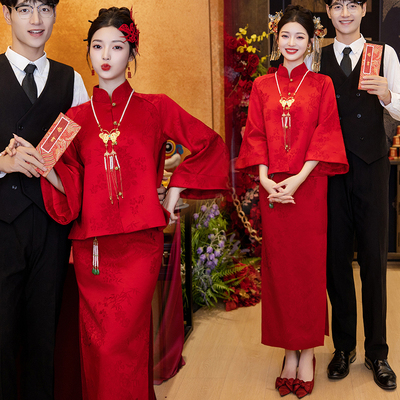 春夏新中式敬酒服旗袍套装红色新娘订婚礼服裙女出阁宴回门服大码