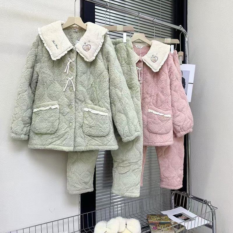 佰伦世家睡衣女冬季保暖甜美可爱加绒加厚家居服牛奶绒夹棉套装