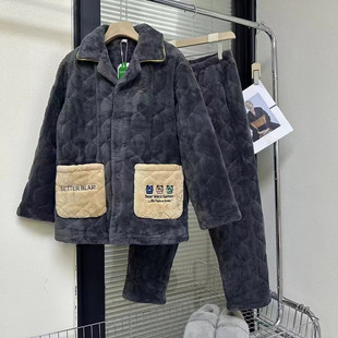 佰伦世家冬季男睡衣新品珊瑚绒夹棉三层加厚青年家居服时尚31114