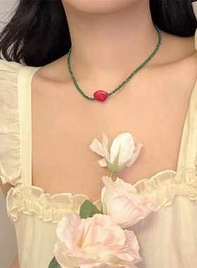 韩国法式复古小众设计感绿色撞色网红时尚锁骨链短链