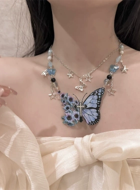 蓝色蝴蝶多层流苏项链小众设计感颈链气质百搭锁骨链