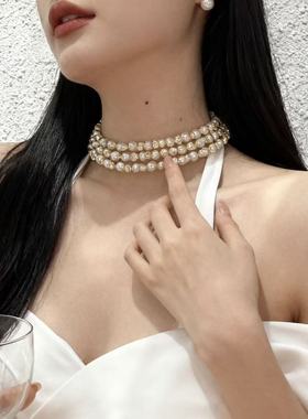 欧美夸张复古三层不规则珍珠闪钻锁骨链名媛气质多层项链颈链耳环