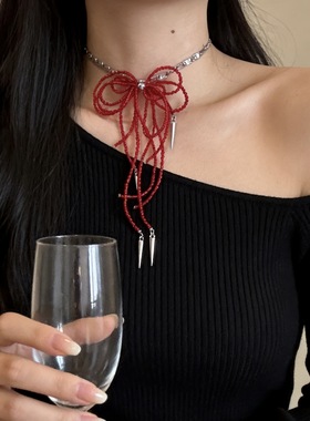 甜酷手工红色串珠蝴蝶结流苏项链个性时尚轻奢锁骨链新款