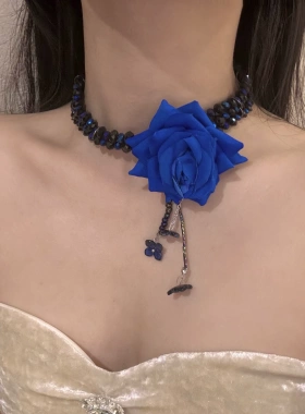 重工辣妹风蓝色玫瑰花串珠choker颈链女小众脖颈链
