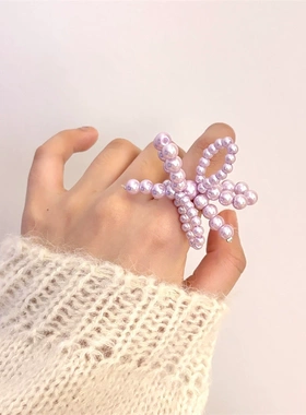 芭蕾少女风小米珠蝴蝶结指环紫色串珠戒指