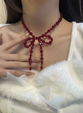 串珠圆珠链女性水晶蝴蝶结项链