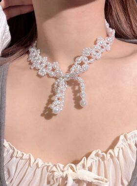 复古宫廷风蝴蝶结珍珠项链气质颈链