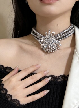 银灰色水晶烟花流苏花朵多层串珠项链女气质锁骨链颈链配饰