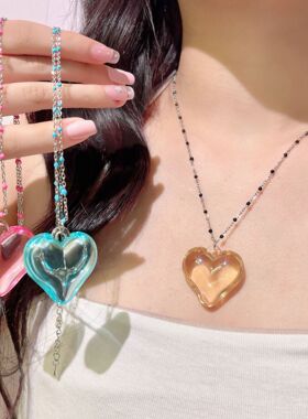 甜酷透明爱心吊坠项链彩色链条锁骨链日常配饰链