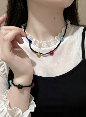 多巴胺穿搭彩色串珠小花项链手链套装甜酷女生锁骨链