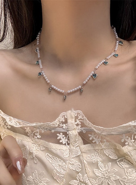 合金圆珠链女性蓝色爱心珍珠项链