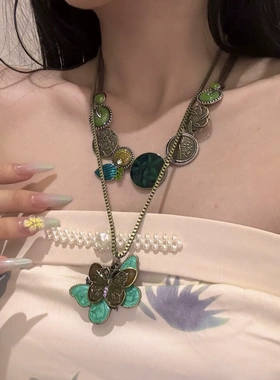 波西米亚风绿色项链中古感双生蝴蝶锁骨链古着风颈链