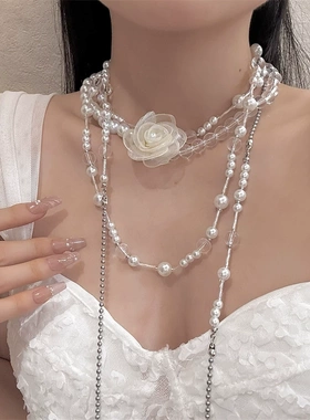 花朵珍珠流苏项链choker女轻奢小众设计颈链配饰2025新款潮