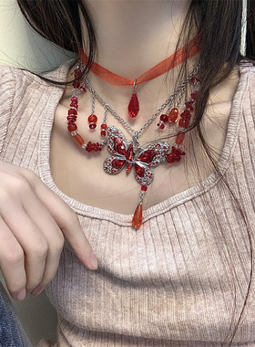 水钻合金刀片链女性蝴蝶流苏项链