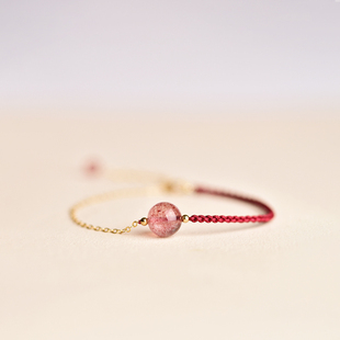 红绳编织手绳redline天然草莓晶 招桃花 极细手链14k包金不掉色女