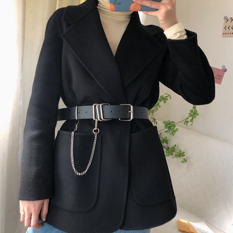 皮带女士ins风黑色三环扣腰带琏条配大衣装饰牛仔裤时尚百搭