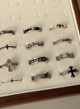 甜酷风做旧复古中性美式十字架小众设计感戒指开口可调节指环