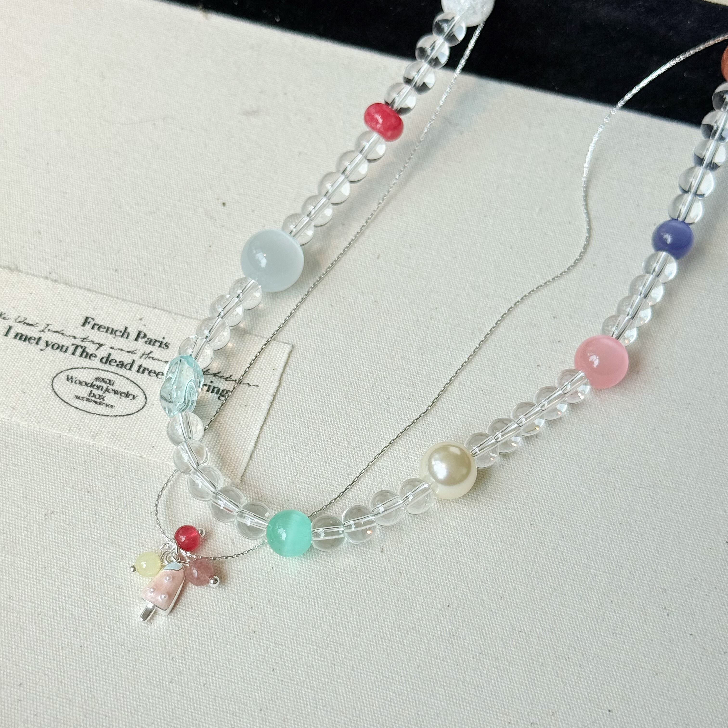 韩系ins彩色多巴胺透明白水晶冰淇淋串珠叠戴项链小众百搭锁骨链