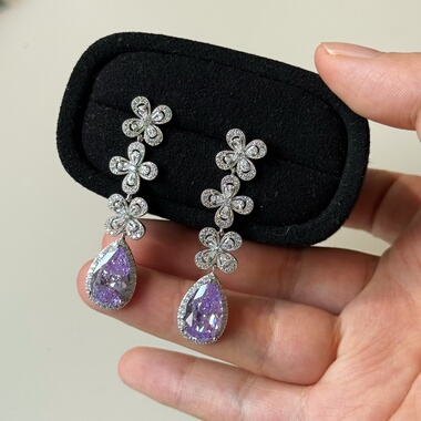 法式晚宴进口锆石超闪四叶草花朵水滴吊坠紫色耳环耳钉s925银针