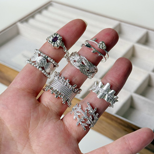 韩系ins风银色夸张冷淡气质开口可调节戒指 轻复古不规则编织指环