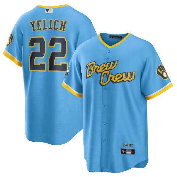 Milwaukee Brewers 酿酒人队棒球服22号Yelich球衣比赛训练服刺绣