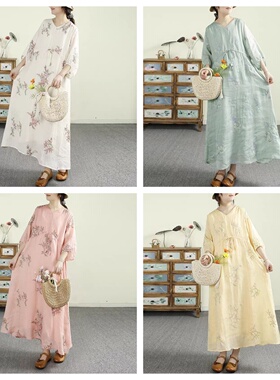 小莲~特价！22898专柜专用料！刺绣系带收腰双层纯苎麻连衣裙长裙