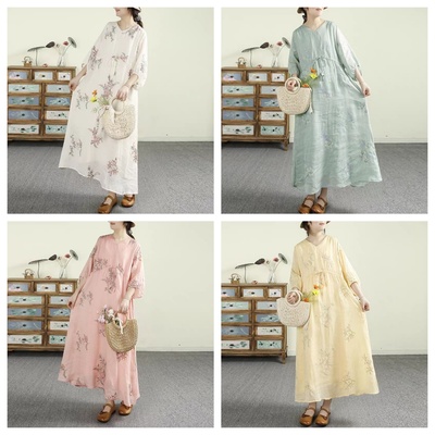 显瘦双层苎麻连衣裙禅意国风长裙