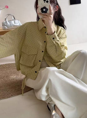 21184单排扣工装大口袋减龄波点翻领外套显瘦简约夹克衬衫上衣女