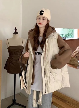 17319欧货时尚洋气假两件连帽羽绒棉衣保暖加厚卫衣袖接抽绳外套