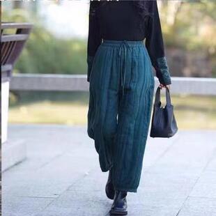 18246小莲~松紧腰竖条纹衍缝加厚夹棉保暖棉裤纯亚麻显瘦哈伦裤女