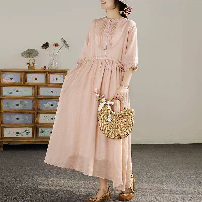 小莲~22906设计感风琴压褶木耳边双层苎麻连衣裙显瘦百搭减龄长裙