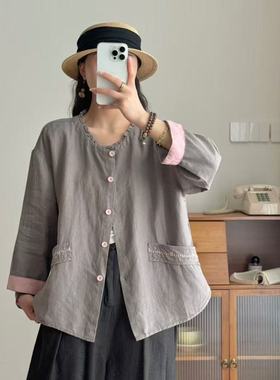 23171设计感木耳边袖口撞色拼接纯亚麻长袖外套宽松显瘦上衣开衫