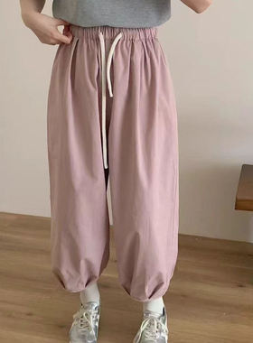 20968春季新款松紧腰抽绳系带休闲裤全棉纯色百搭脚口包边哈伦裤