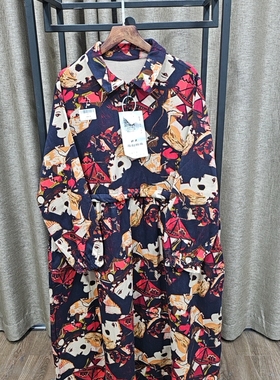 17757大版棉麻印花中长款过膝连衣裙宽松半开襟翻领长袖大码长裙