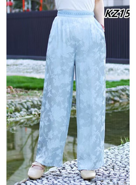 雷氏家~22470新中式国风提花缎面阔腿裤女夏松紧腰爆款休闲冰丝裤