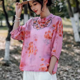 22504新中式 宽松国风立领百搭印花上衣 立领一粒盘扣刺绣苎麻小衫