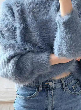 22312日单！慵懒风海马毛高腰百搭套头毛衣洋气软糯水貂绒针织衫